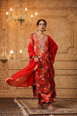 DIMPLE DESIGN STUDIO - Red Floral Aari Suit Set