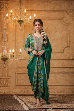 DIMPLE DESIGN STUDIO - Green Bandhani Gota Suit Set