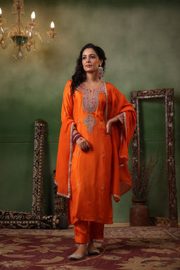 DIMPLE DESIGN STUDIO - Orange Silk Gota Suit Set