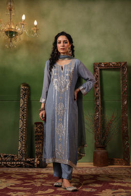 DIMPLE DESIGN STUDIO - Grey Georgette Aari Suit Set