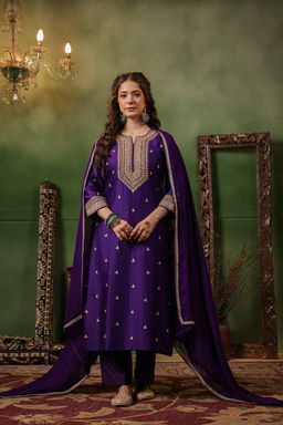 DIMPLE DESIGN STUDIO - Purple Chanderi Marodi Suit Set