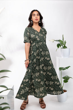 DIMPLE DESIGN STUDIO - Olive Green Cotton Maxi Dress