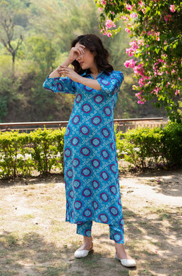 DIMPLE DESIGN STUDIO - Blue Bandhej Modal Satin Suit Set