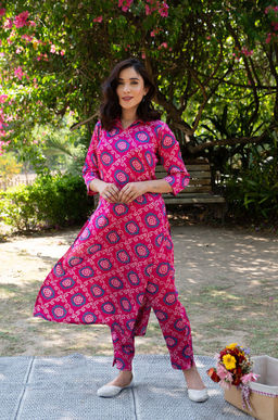 DIMPLE DESIGN STUDIO - Rani Bandhej Modal Satin Suit Set