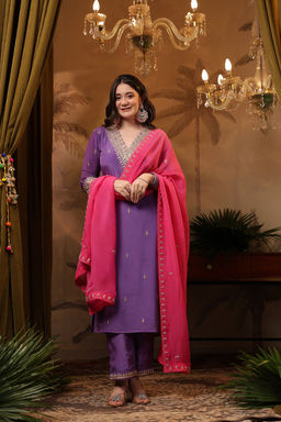 DIMPLE DESIGN STUDIO - Purple Crepe Zardozi Suit Set