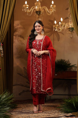 DIMPLE DESIGN STUDIO - Red Jaal Chanderi Gota Suit Set