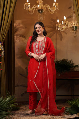DIMPLE DESIGN STUDIO - Red Gota Chanderi Suit Set