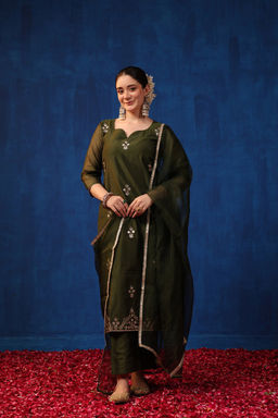 DIMPLE DESIGN STUDIO - Olive Chanderi Gota Suit Set