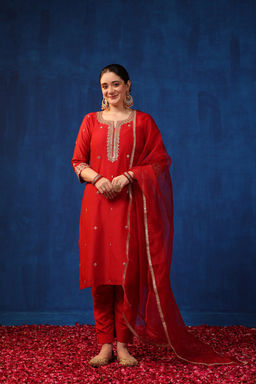 DIMPLE DESIGN STUDIO - Red Chanderi Marodi Suit Set