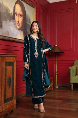 DIMPLE DESIGN STUDIO - Teal Velvet Marodi Suit Set