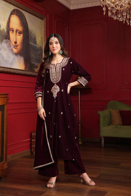 DIMPLE DESIGN STUDIO - Wine Velvet Marodi Suit Set