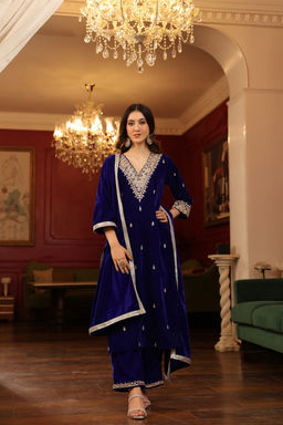 DIMPLE DESIGN STUDIO - Royal Blue Velvet Zardozi Set