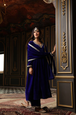 DIMPLE DESIGN STUDIO - Royal Blue Anarkali Velvet Set