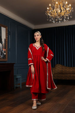 DIMPLE DESIGN STUDIO - Red Velvet Anarkali Suit Set