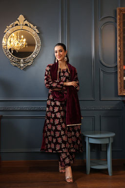DIMPLE DESIGN STUDIO - Wine Printed Velvet A-line Suit Set