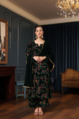 DIMPLE DESIGN STUDIO - Dark Green Printed Velvet A-line Suit Set