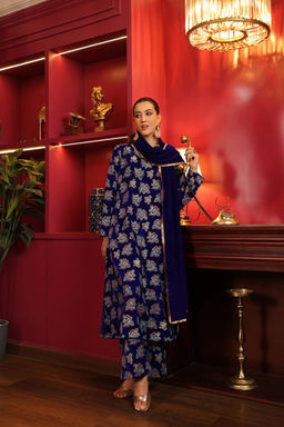 DIMPLE DESIGN STUDIO - Royal Blue Printed A-line Suit Set