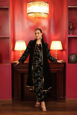 DIMPLE DESIGN STUDIO - Black Green Printed Velvet A-line Suit Set