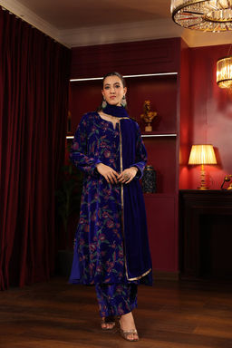 DIMPLE DESIGN STUDIO - Blue Green Printed Velvet A - line Suit Set