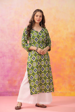 DIMPLE DESIGN STUDIO - Green Ikkat Straight Kurta