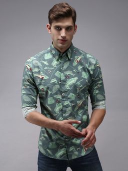 SHOWOFFFF - Men Sea Green Collar Neck Printed Conversational Comfort Fit Shirt