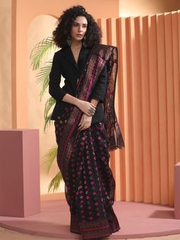 Beatitude - Black Jacquard Jamdani Saree with Unstitched Blouse