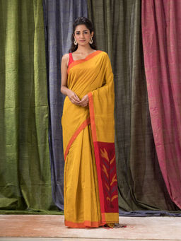 Angoshobha - Yellow Cotton Blended Traditional Jamdani Saree with Unstitched Blouse