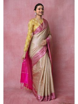 Unnati Silks - Cream Fancy Banarasi Silk Saree with Unstitched Blouse