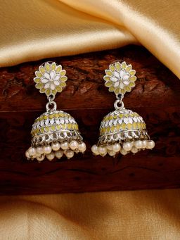 Estele - Rhodium Plated Traditional Yellow & White Meenakari Jhumki Earrings for Women