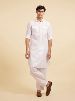 Diwas by Manyavar - White Art Silk Solid Pathani Kurta and Salwar (Set of 2)