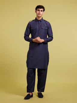 Diwas by Manyavar - Navy Blue Silk Solid Pathani Kurta and Salwar (Set of 2)