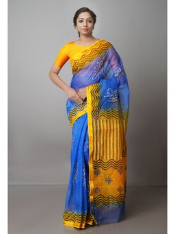 Unnati Silks - Blue Pure Block Printed Kota Cotton Saree with Unstitched Blouse