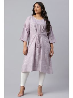 W - Plus Size Lilac Stripes & Embroidered Mock Layer Kurta