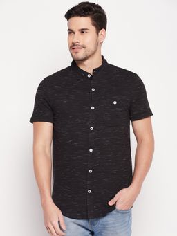 Club York - Men Black Self Design Mandarin Neck Shirt