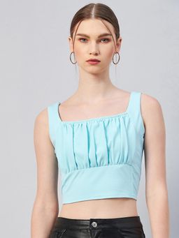 RARE - Women Casual Sky Blue Colour Square Neck Solid Fitted Top