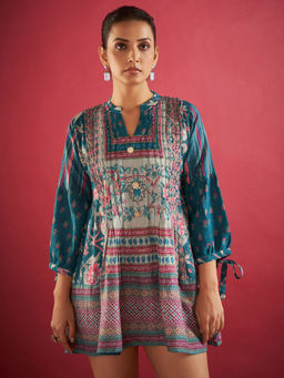 KAFTANIZE - Multi-Color Print Cotton Viscose Pleated Tunic with Tie