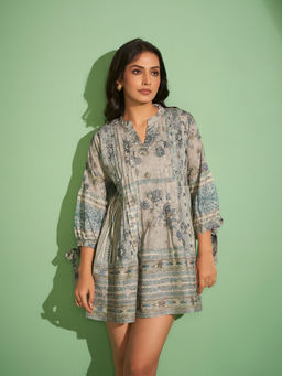 KAFTANIZE - Multi-Color Floral Print Cotton Viscose Pleated Tunic