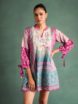 KAFTANIZE - Multi- Color Floral Cotton Viscose Printed and Pleated Tunic