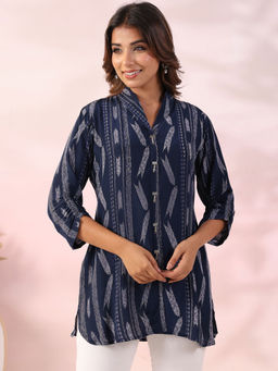 KAFTANIZE - Navy Blue Ikat Printed Natural Crepe Kameez