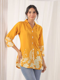 KAFTANIZE - Mustard Floral Printed Russian Silk Top