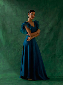 Vinusto - Chanderi Handloom Skirt With Ruffle Top In Teal (Set of 2)