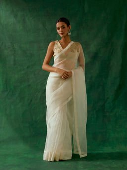 Vinusto - White Embroidered Silk Saree with Stitched Blouse