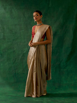 Vinusto - Beige Zari Silk Saree With Chanderi Stitched Blouse