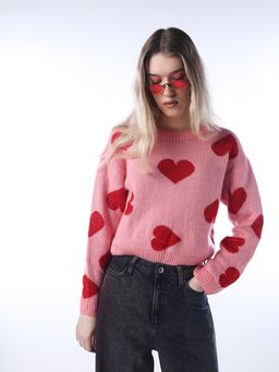 ONLY - Women's Self Design Regular Fit Pink Sweater