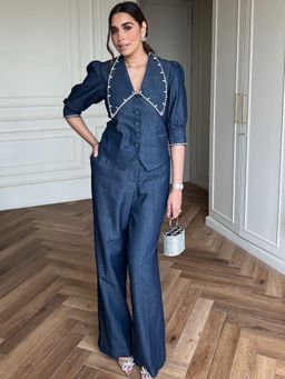 IKI CHIC - Blue Embellished Denim Collared Co-Ord Set