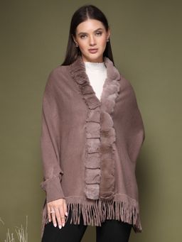 Mafadeny - Women's V-Neck with Faux Fur Border and Fringe Hem Poncho