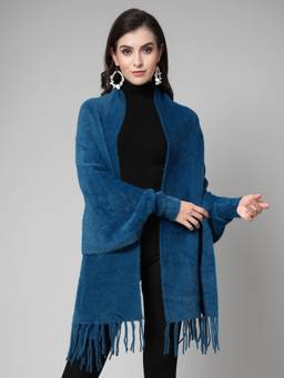 Mafadeny - Women Blue Solid Longline with Fringed Detail Poncho