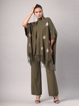 Mafadeny - Women Olive Embroidered Co-Ord Set