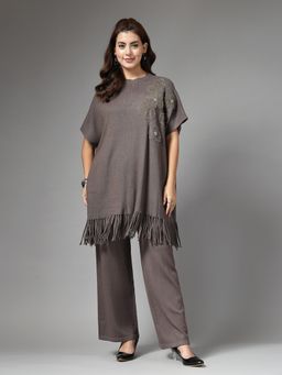 Mafadeny - Women's Taupe Embroidered Co-Ord Set