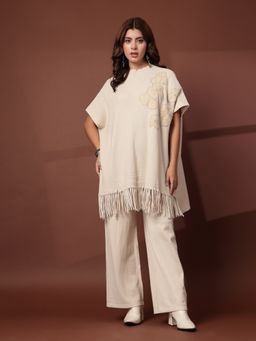 Mafadeny - Women's Beige Embroidered Co-Ord Set
